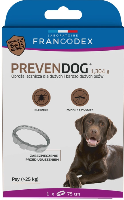 FRANCODEX PL Obroża na kleszcze PREVENDOG 75 cm dla psów pow. 25 kg - 1 szt
